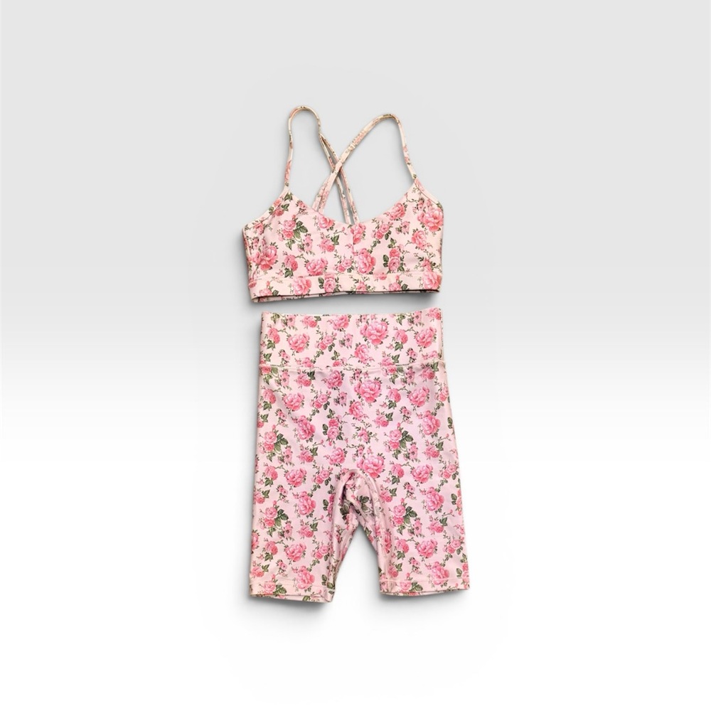 Love Shack Fancy x Bandier Peony Floral Pink Bike Shorts & Sports Bra Set Sz XS